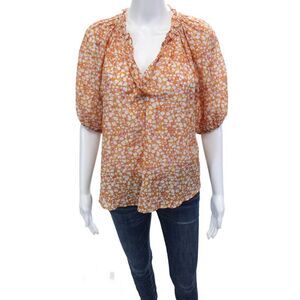 Xirena Womens Cotton Floral Short Sleeve Pullover Blouse Top Orange Size XS